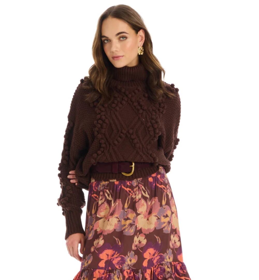 Allison New York Daphne Sweater S/P Brown Chunky Cable Knit Bobble Turtleneck